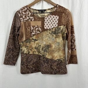 Jessica Max Vintage Y2K Neutral Patchwork 3/4 Sleeve Top Size M USA